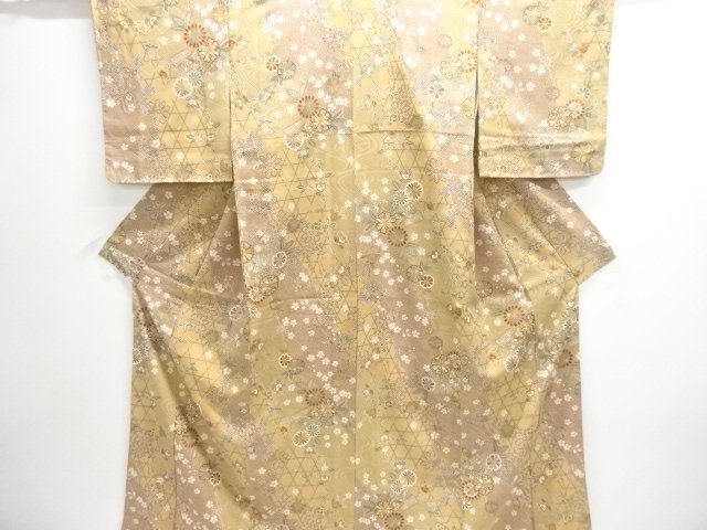 JAPANESE KIMONO / UNUSED KOMON / FLOWER BASKET & FOLDING FAN 